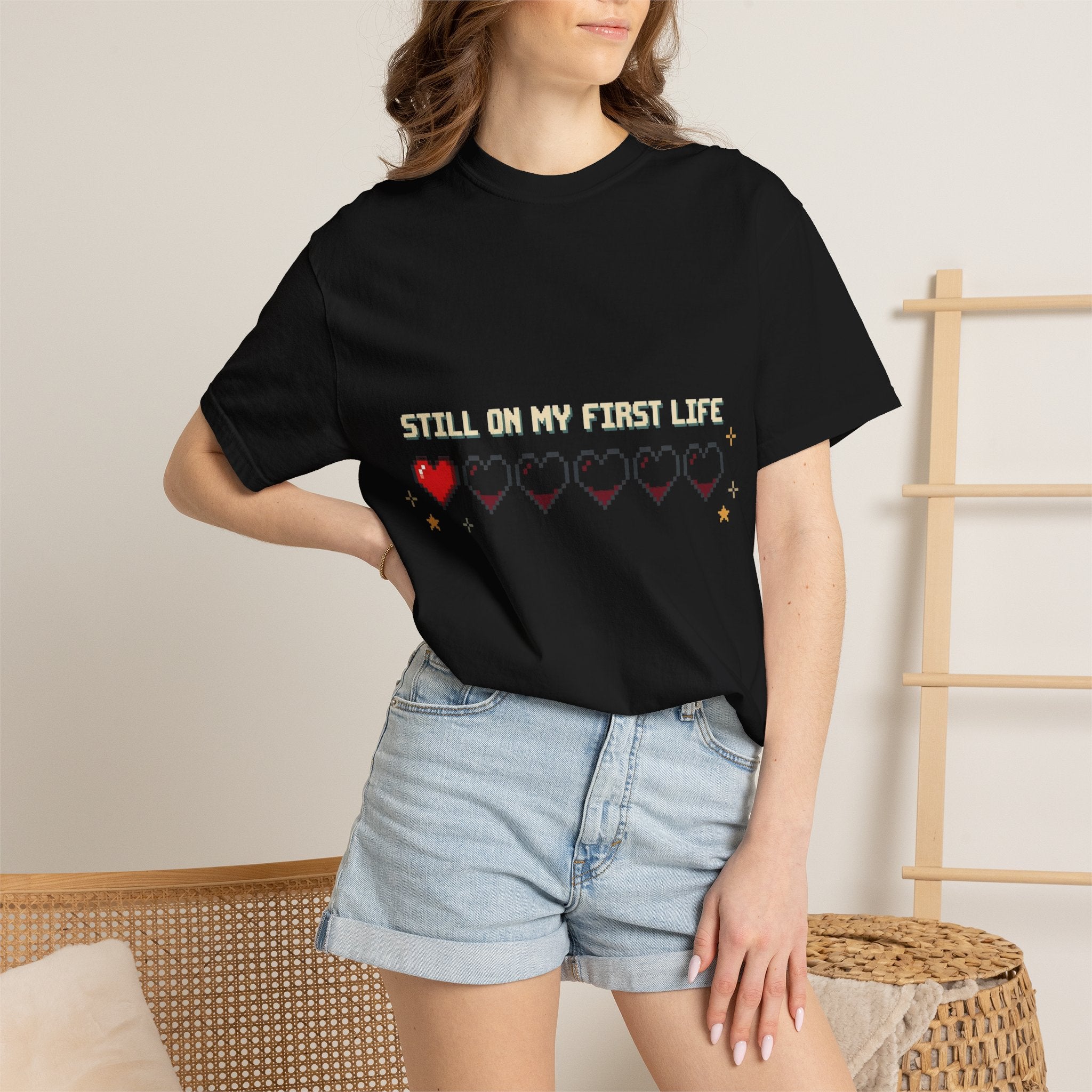 T-Shirt — "Still on My First Life" Pixel Heart Gaming Tee
