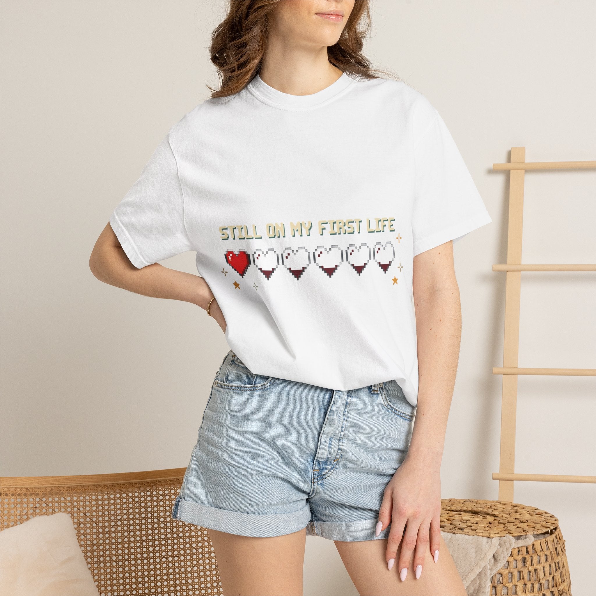 T-Shirt — "Still on My First Life" Pixel Heart Gaming Tee